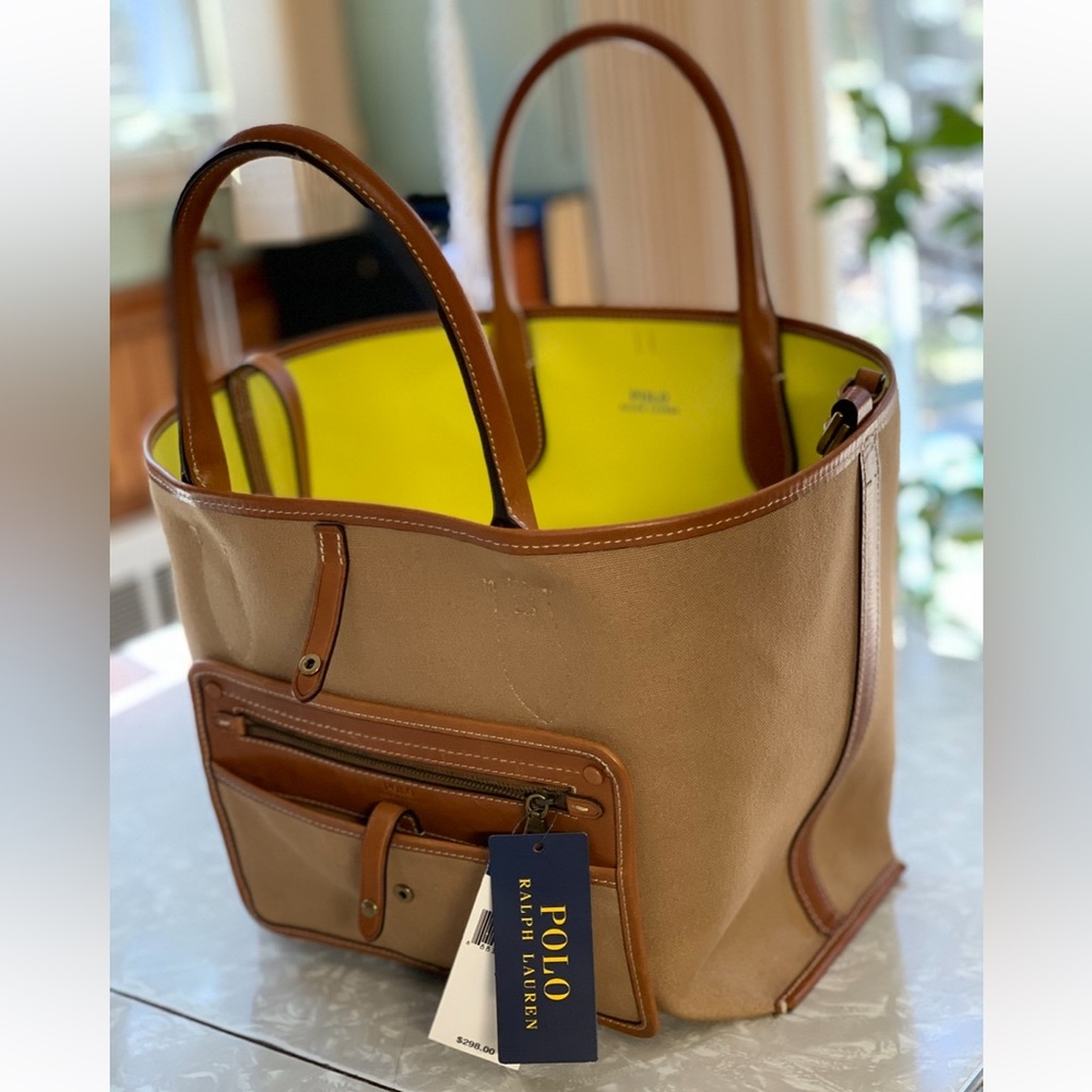 NWT Polo by Ralph Lauren Reversible Citron Yellow / Saddle Brown Tote Bag. - Picture 9 of 16